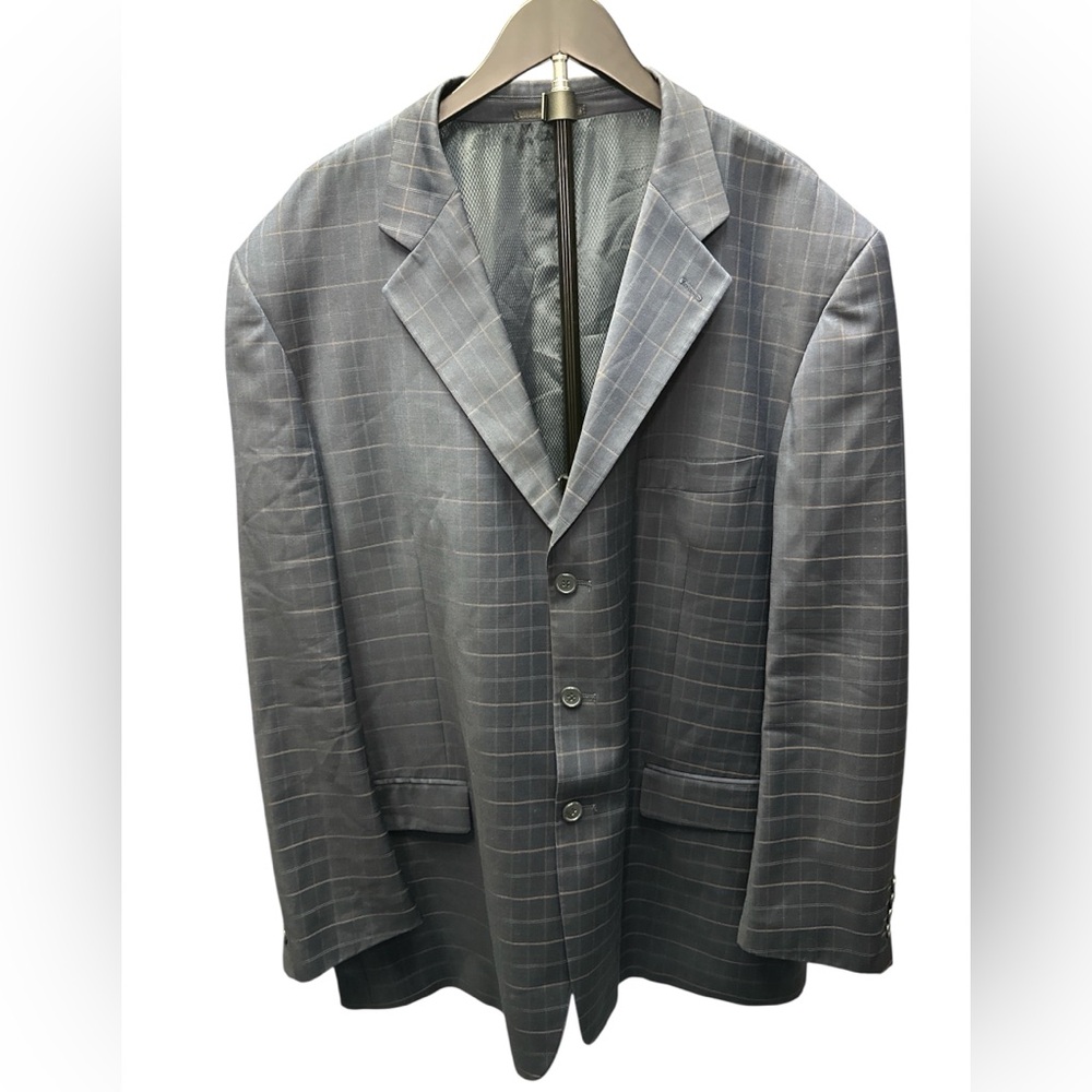 Mantoni Super 140’s Wool Suit Jacket Navy Plaid  52L Blazer Sports Cost
